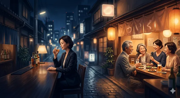 静かな一杯を楽しむバーの時間と、会話で心がほどけるスナックの時間の両方を象徴する夜のイメージ。