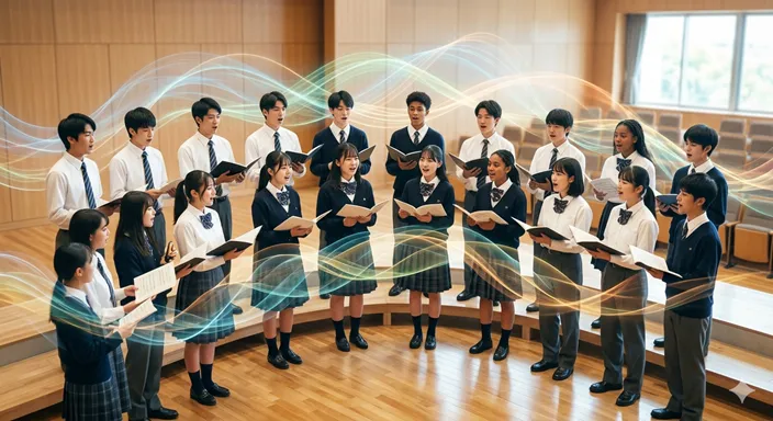 異なるパートの歌い手たちが半円状に並び、重なり合う響きを生み出している合唱の様子。