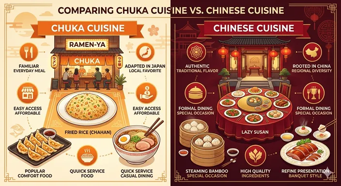 中華料理と中国料理の違いを、日常性と本格性の観点から英語で整理した比較インフォグラフィック。