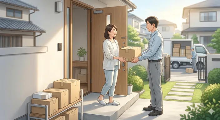 玄関前で荷物を受け取る穏やかな場面の奥に、整理された荷物の流れが見え、言葉の違いを理解した後の明快さを表すイメージ。