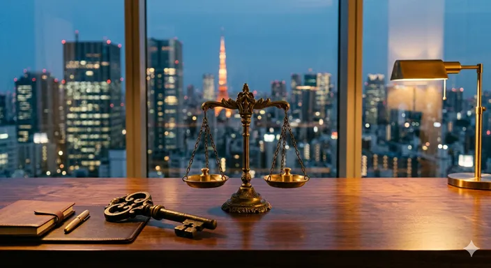 黄金の鍵と、安定を象徴する天秤、そして背景にそびえ立つ近代的な建築物。信頼と資産を表現したイメージ。