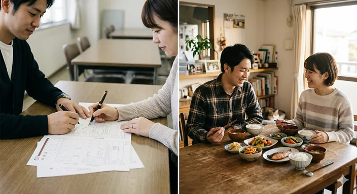 婚姻届の書類を前に静かに向き合う二人と、同じ空間で穏やかに暮らす夫婦のような日常風景を対比したイメージ。
