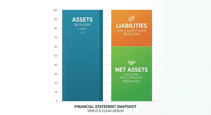ASSETS (Total Value) と NET ASSETS (Equity / Your Own) の構成比を英語で示した図解。
