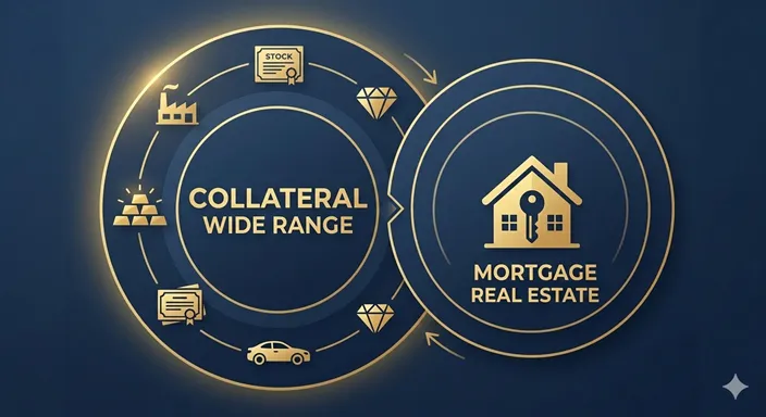 COLLATERAL (Broad / Assets / Guarantee) と MORTGAGE (Real Estate / Rights / Occupancy) の違いを英語で示した比較図解。