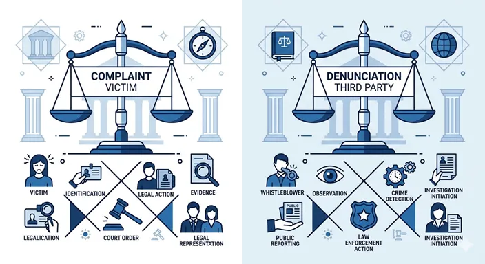 COMPLAINT (Victim / Personal Rights / 6 Months Limit) と DENUNCIATION (Third Party / Public Interest / No Limit) の違いを英語で示した比較図。