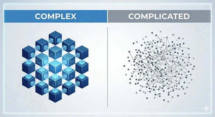 COMPLEX (Logic / System / Structure) と COMPLICATED (Task / Quantity / Messy) の違いを英語で示した比較インフォグラフィック。