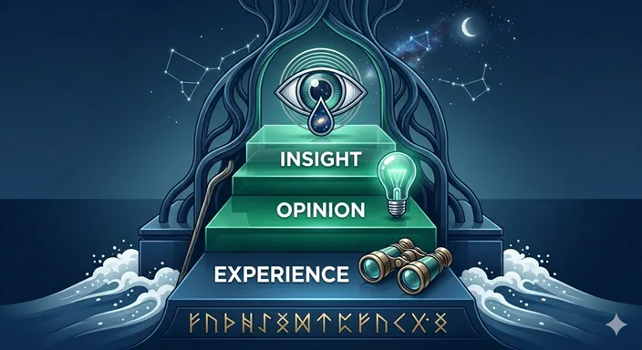 EXPERIENCE (Input / Material), OPINION (Process / Logic), INSIGHT (Mastery / Philosophy) の三段階を示すインフォグラフィック。