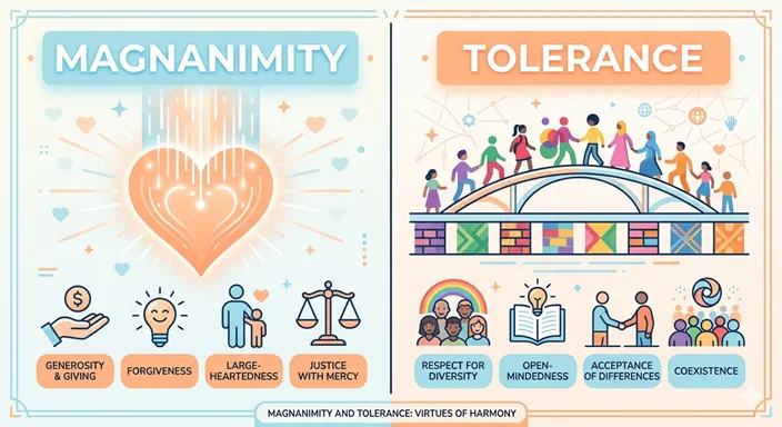 MAGNANIMITY (Mercy / Vertical / Emotional) と TOLERANCE (Acceptance / Horizontal / Intellectual) の違いを示した比較図解。