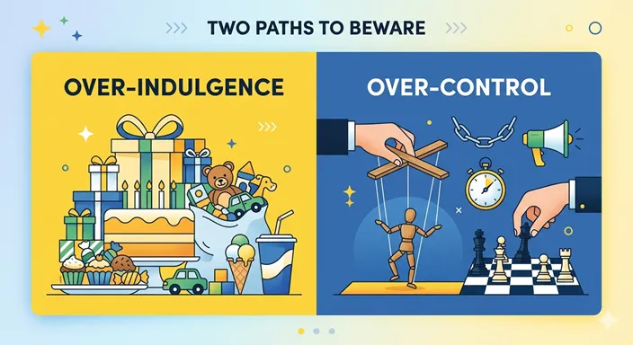 OVER-INDULGENCE (Gives too much / Target's wish) と OVER-CONTROL (Takes too much / Owner's wish) を対比したインフォグラフィック。