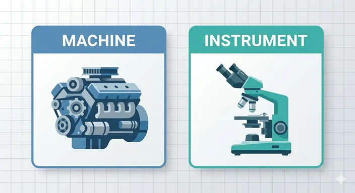 MACHINE (Power / Automatic / Engine) と INSTRUMENT (Precision / Manual / Device) の違いを英語で示した図解。