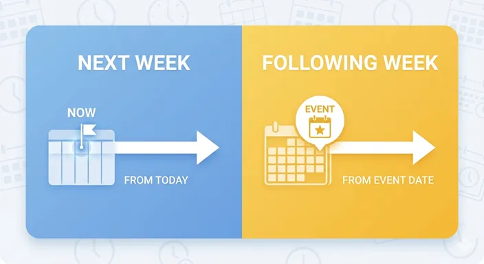 NEXT WEEK (Origin: Today / Subjective) と FOLLOWING WEEK (Origin: Specific Day / Objective) の違いを英語で示したインフォグラフィック。