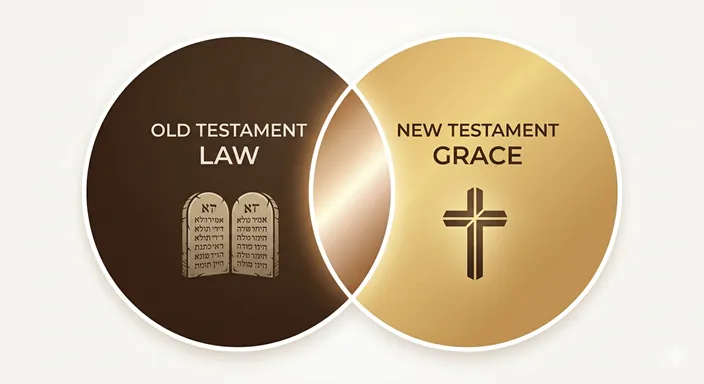 OLD TESTAMENT (Law / Israel / Prophecy) と NEW TESTAMENT (Grace / Universal / Fulfillment) の概念的な違いを英語で示した比較図解。