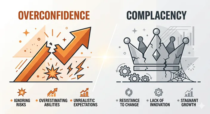OVERCONFIDENCE (Future / Miscalculation / Power) と COMPLACENCY (Past / Arrogance / Stagnation) の違いを英語で示した比較図。