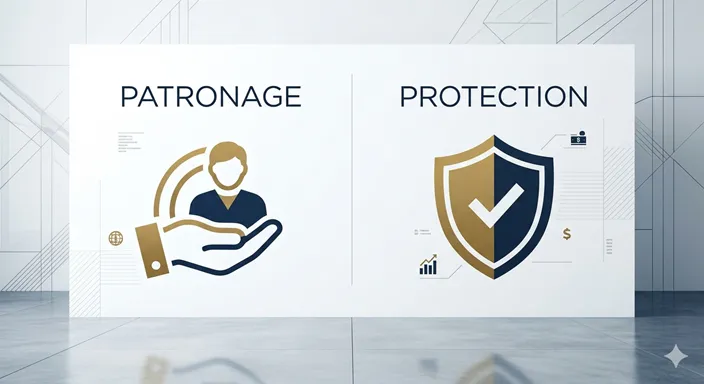 PATRONAGE (Emotional / Shield / Personal) と PROTECTION (Functional / Fence / Social) の違いを英語で示した比較図解。