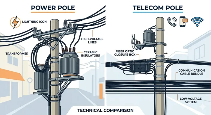 POWER POLE (Electricity / High Voltage / Transformer) と TELECOM POLE (Data / Low Voltage / Fiber) の構造の違いを英語で示した比較イラスト。