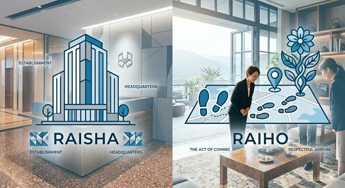 RAISHA (Office / Physical / Business) と RAIHO (Visit / Respect / Formal) の違いを英語で示した比較図解。