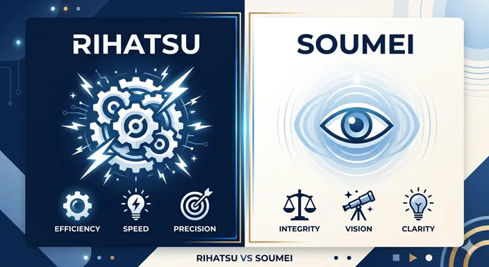 RIHATSU (Quick / Young / Spark) と SOUMEI (Profound / Insight / Moonlight) の違いを英語で示した比較インフォグラフィック。