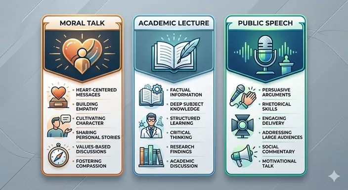 MORAL TALK (Heart / Experience), ACADEMIC LECTURE (Head / Logic), PUBLIC SPEECH (Vision / Opinion) の3要素を英語で示した比較図。