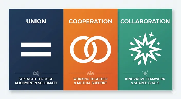 UNION (Same / Scale), COOPERATION (Support / Bond), COLLABORATION (Create / Synergy) の違いを英語で示した図解