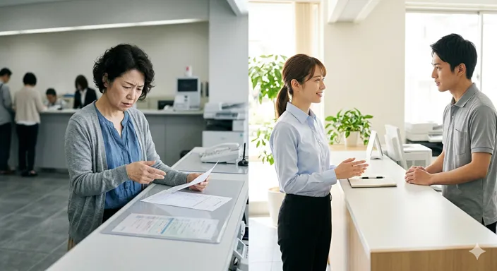 不満を抱えた人物が現状の問題を見つめる場面と、改善案を示しながら前向きに話し合う場面を左右で対比したイメージ。