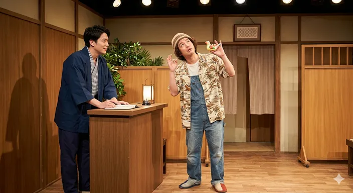 小さな舞台セットの中で、店員と客のような役柄を演じながらやり取りする二人。