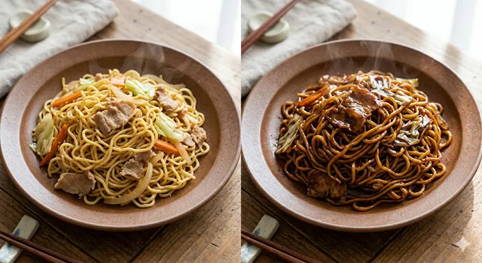同じような炒め料理が、片方は軽やかで香り高く、もう片方は濃厚で照りのある仕上がりとして対比されているイメージ。