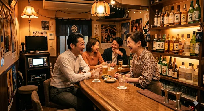 温かな照明の小さな店内で、カウンター越しに会話を楽しむ人たちの親しみある様子。