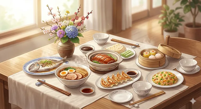 本格的な中国料理と親しみやすい中華料理がひとつの食文化として調和して見える、温かく知的な食卓風景。