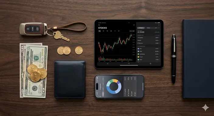 机の上に並べられた、現金、鍵、金貨、タブレット端末などの様々な価値ある持ち物。