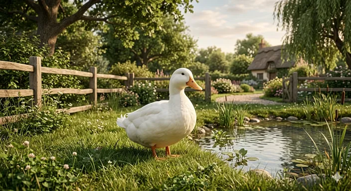 のどかな飼育環境の水辺で、穏やかな表情で立つ白いアヒル。