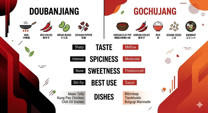 DOUBANJIANGとGOCHUJANGを辛さ、甘み、使い方、代表料理で比較した英語のインフォグラフィック。