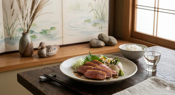 上品に盛り付けられた鴨料理と、水辺の鴨を連想させる自然の要素を組み合わせたイメージ。