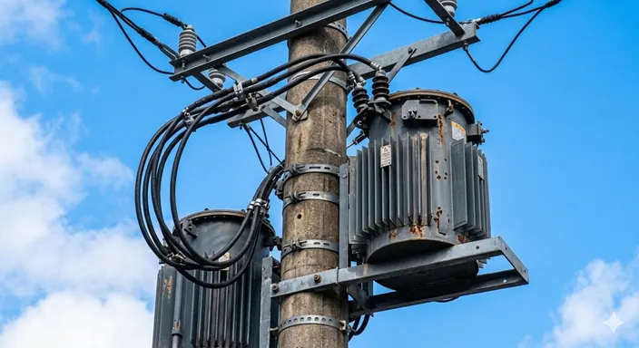 電柱の上部に設置された灰色のバケツのような変圧器（トランス）と、高い位置を通る太い高圧線のクローズアップ。