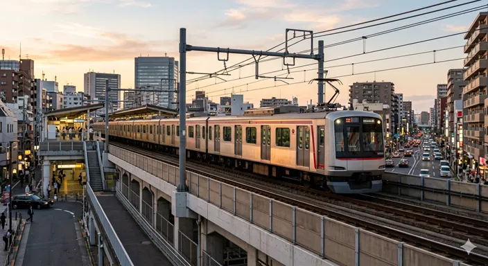 架線とパンタグラフが見える都市型電車が、夕方の街を背景に走るイメージ。