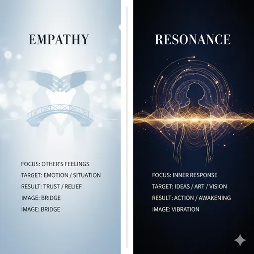 共感（EMPATHY）と共鳴（RESONANCE）を、FOCUS、TARGET、RESULTなどの観点から比較した英語表記のインフォグラフィック。