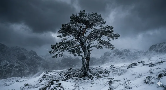 強風と雪にさらされながらも折れずに立つ一本の木。