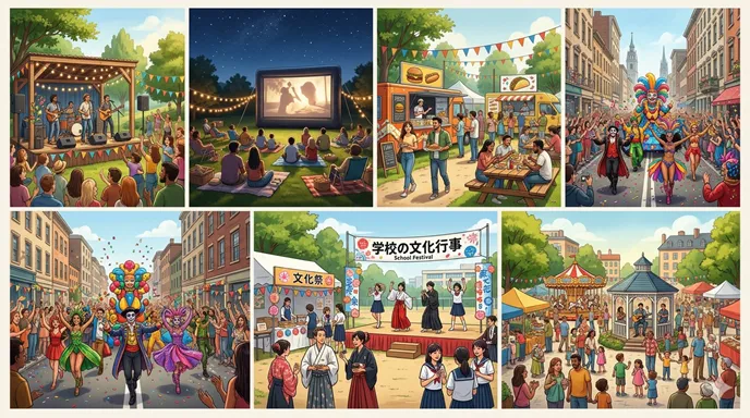音楽、映画、食、パレード、学校行事、地域イベントなど複数の催しを並べ、言葉の使い分けをイメージさせるコラージュ。