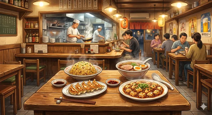 日本の町中華らしい温かい店内で、炒飯や餃子やラーメンが並ぶ親しみやすい食卓。