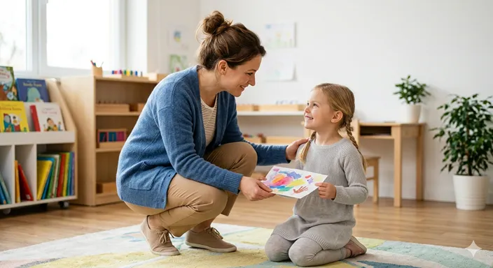 大人が子どもと同じ高さにしゃがみ、穏やかな表情で目を合わせて話している場面。