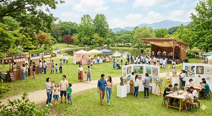 音楽ステージ、食の屋台、アート展示など複数のテーマを楽しむ人々が集まるフェスティバル会場。