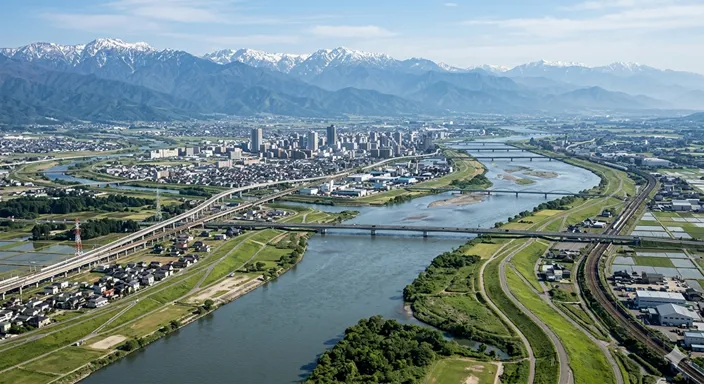 広大な流域を持つ大河川が都市、橋、堤防、遠景の山並みとともに広がるダイナミックな風景。