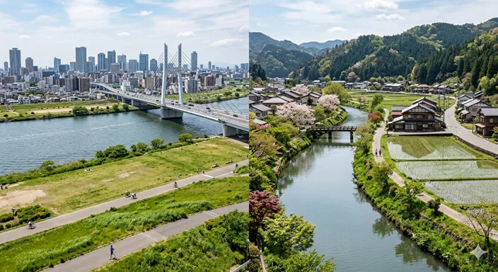 大都市を流れる広大な河川風景と、地域の町並みや田畑のそばを流れる穏やかな河川風景を左右で対比したイメージ。