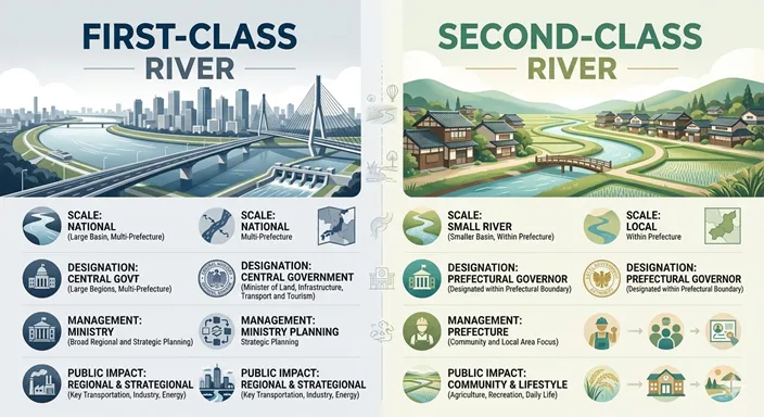 FIRST-CLASS RIVER と SECOND-CLASS RIVER を、SCALE、DESIGNATION、MANAGEMENT、PUBLIC IMPACT の軸で比較した英語のインフォグラフィック。