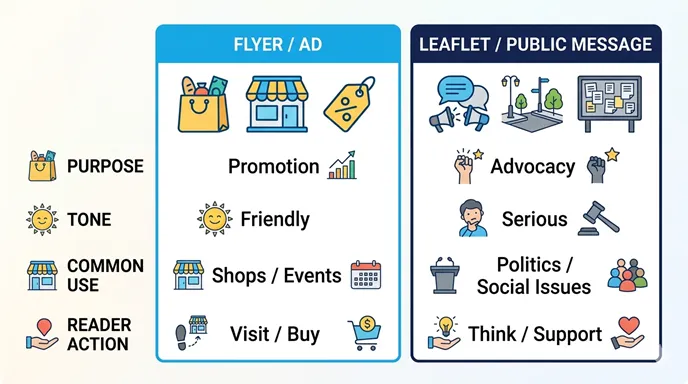 チラシ(FLYER / AD)とビラ(LEAFLET / PUBLIC MESSAGE)を、目的や印象の軸で比較した英語のインフォグラフィック。