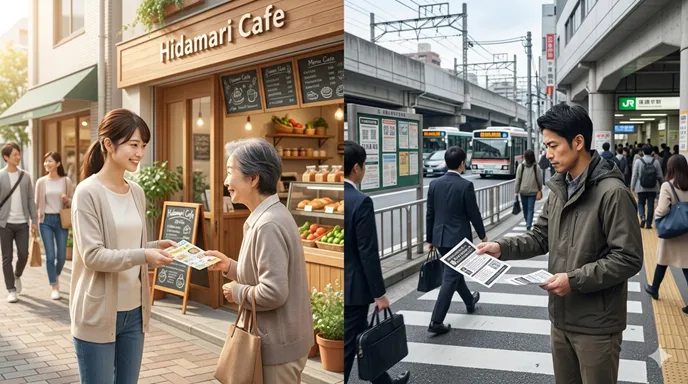 明るい店舗前で配られる宣伝チラシと、街頭で社会的な呼びかけとして配られるビラを左右で対比したイメージ。
