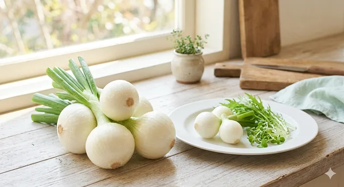 白くつやのある新玉ねぎが春野菜とともに並び、みずみずしさを感じさせる様子。