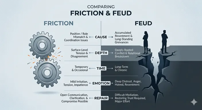FRICTION と FEUD を、 depth、 time、 cause、 repair などの観点で英語表記で比較したシンプルなインフォグラフィック。