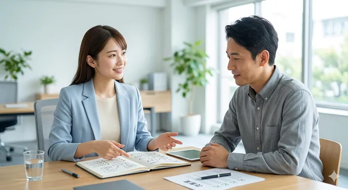 改善案を穏やかに伝えながら、より良い未来を一緒に考えている人物たちのイメージ。
