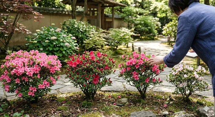 似た花木を前に、日常的な見方と園芸的な見方の違いによって迷いが生まれる様子を表現したイメージ。