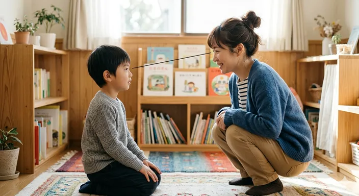 同じ場面の中で、人物同士が視線を交わしながら、同時に同じ高さで向き合っている様子。
